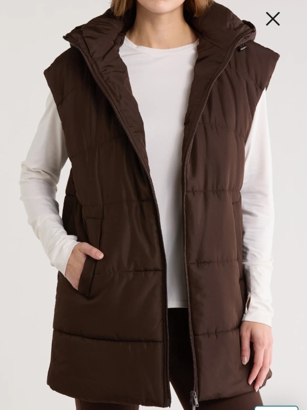 Unworn Zella Longline Hooded Soft Shell Vest In Brown Mole